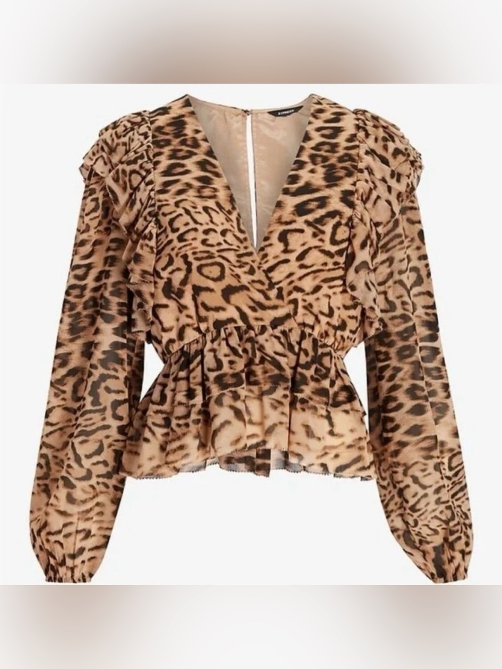 Express Leopard Animal Print Ruffle Blouse Size Small - Picture 3 of 8